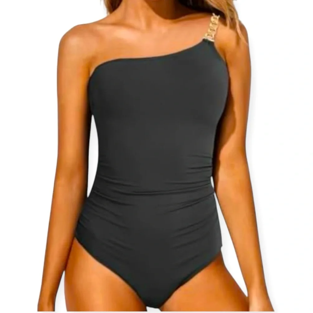 Lands’ End One Piece Slimming Tummy Control Swimsuit Asymmetric Black Size 6 - Picture 1 of 10